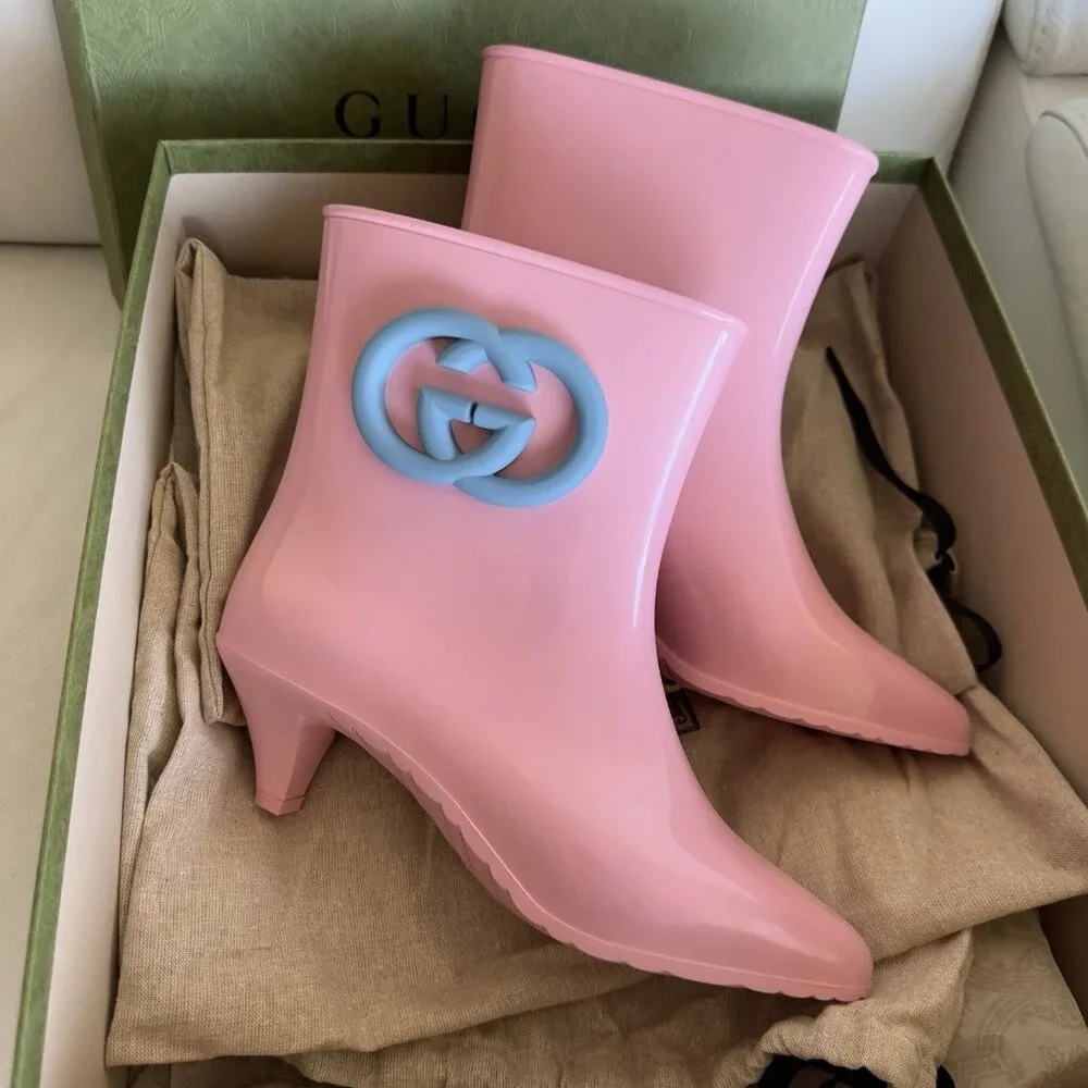 New Authentic Gucci Interlocking GG Logo Rubber Boots Pink Size 39 / US 9 - Picture 2 of 7